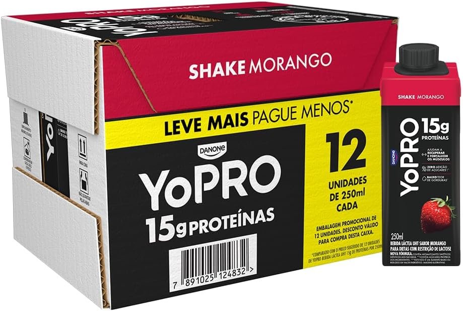 YoPRO Bebida Láctea UHT Morango 15g de proteínas 250ml - 12 unidades