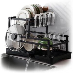 Escorredor de Louça em Aço Carbono Preto com Bandeja de Drenagem, Suporte para Copos, Talheres e Tábuas – Compacto, Resistente, Antiferrugem – Organizador de Pia Cozinha Moderna