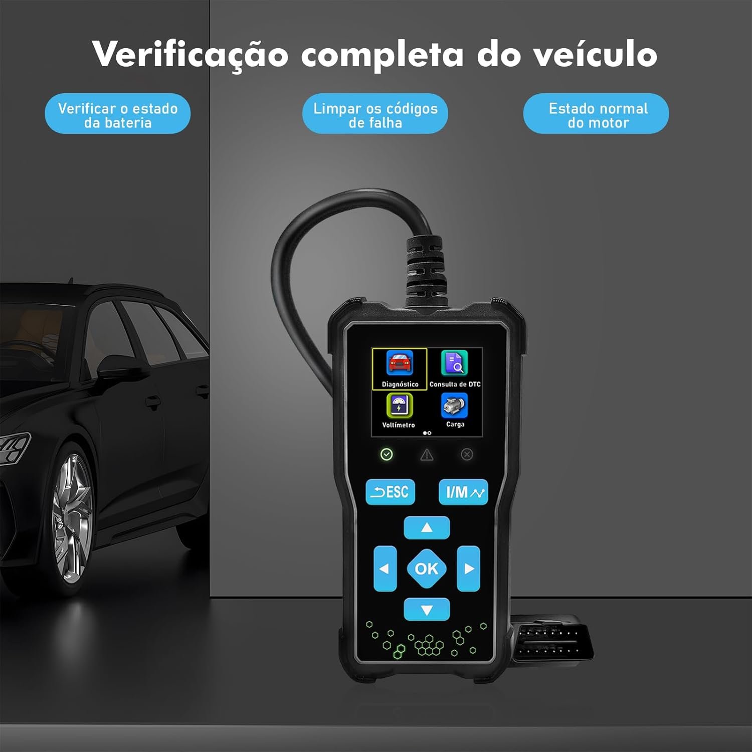 Scanner Automotivo OBD2 Portátil com Tela, Leitura/Apagamento de Códigos, Dados em Tempo Real, Teste I/M, EVAP e O2, Relatório de Diagnóstico — 12 V, para Carros com Conector OBDII (16 pinos) - Imagem 2