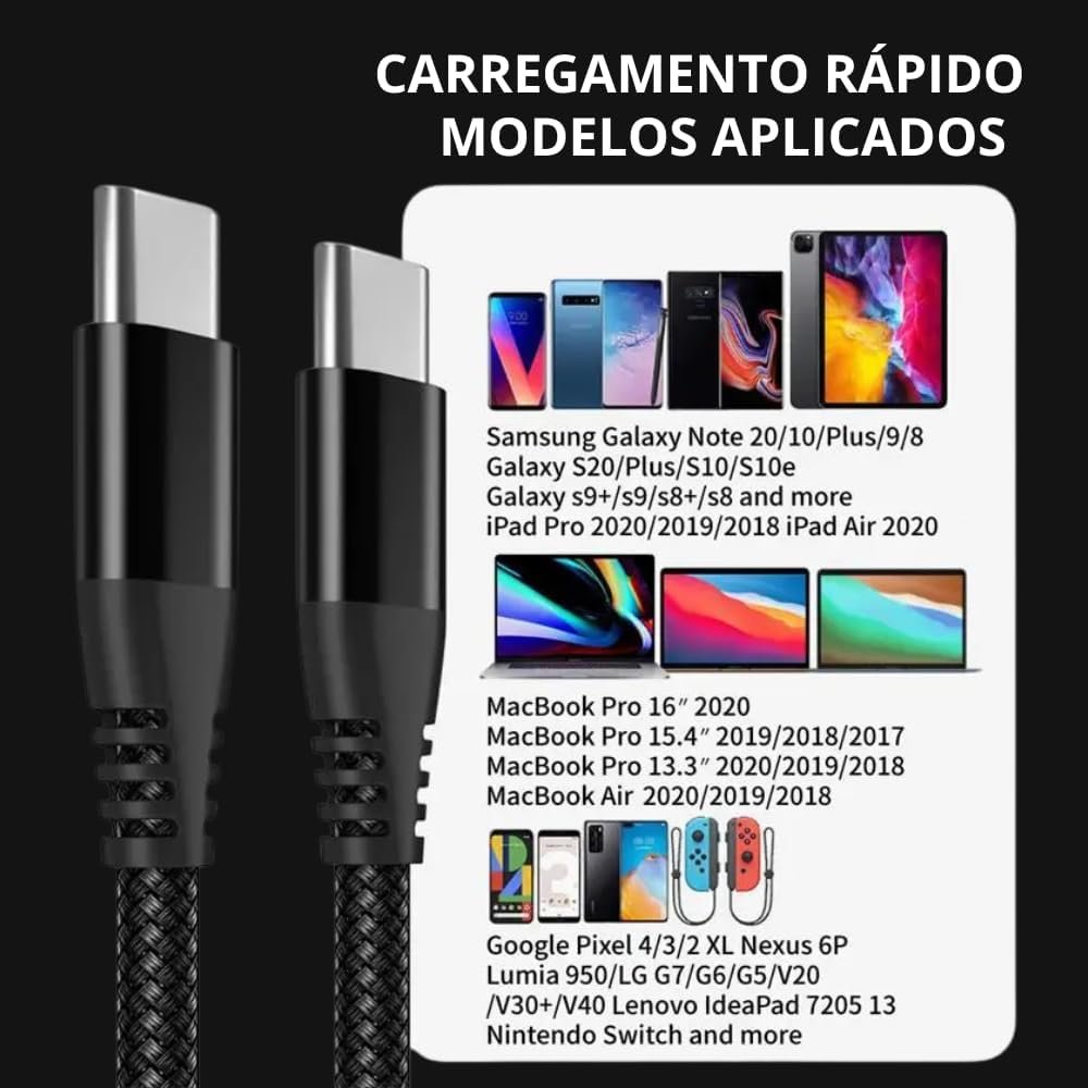 Cabo USB-C 2 metros Tipo C Turbo 60W Ultra Rapido Nylon Trançado e Reforçado Android e Iphone Notebook Tablet Qualidade Premium Carregamento Transferência de Dados - Imagem 3