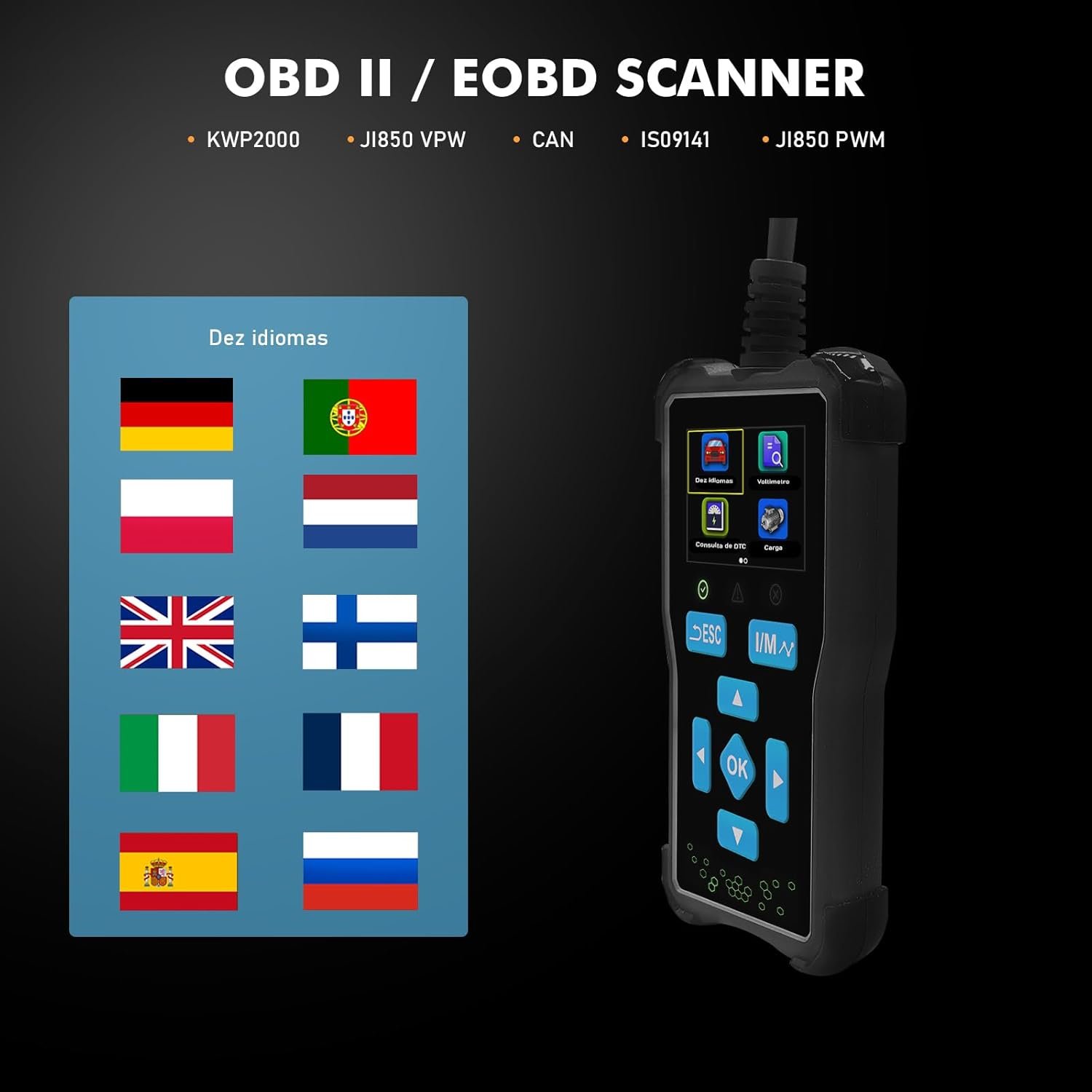 Scanner Automotivo OBD2 Portátil com Tela, Leitura/Apagamento de Códigos, Dados em Tempo Real, Teste I/M, EVAP e O2, Relatório de Diagnóstico — 12 V, para Carros com Conector OBDII (16 pinos) - Imagem 4