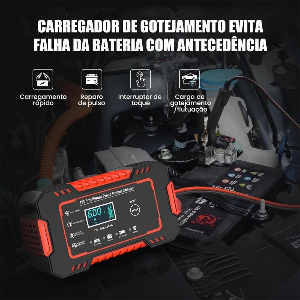 Carregador de Bateria 12v Inteligente com Display informativo Para Carro, Moto, Caminhao- Linha Prime - Imagem 6