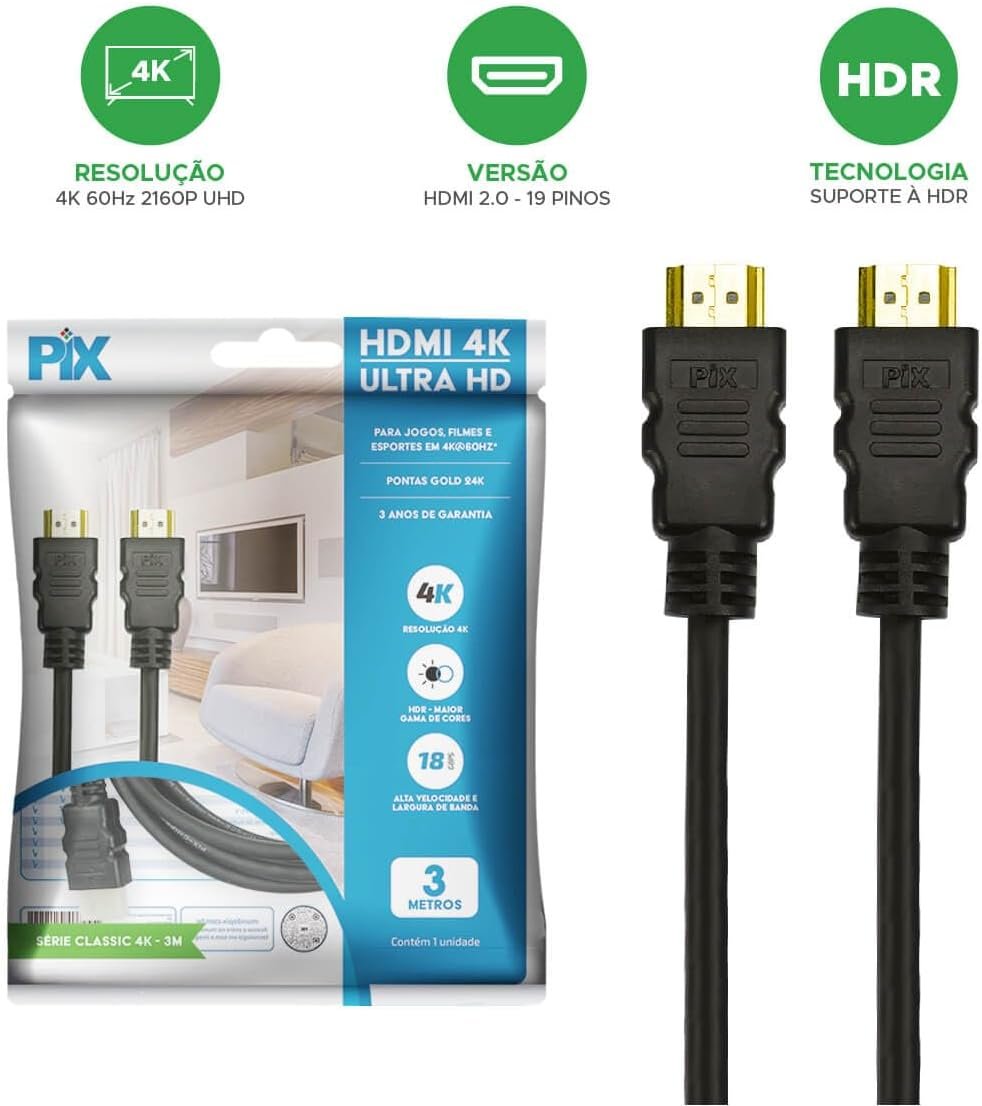 PIX Cabo Hdmi 2.0 4K Hdr 19P 2M Pix Gold, Preto - Imagem 4