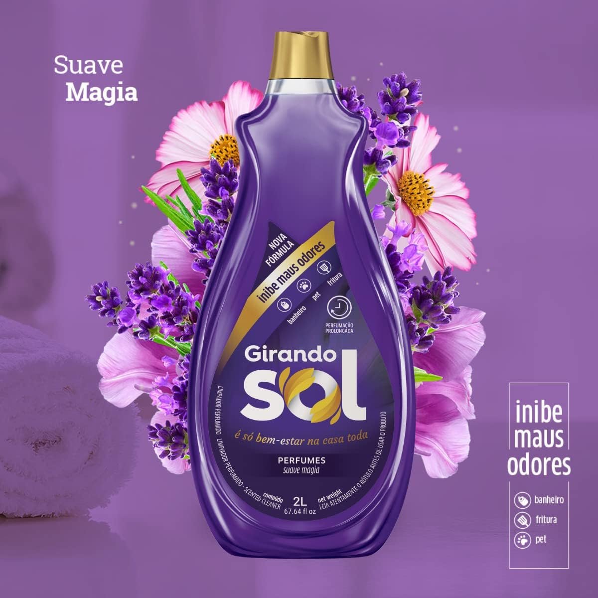 Girando Sol Limpador Perfumado Suave Magia 2L Higienizador Multiuso Perfumado Lilás Perfumação Prolongada Para Banheiro Fritura E Pet - Imagem 3