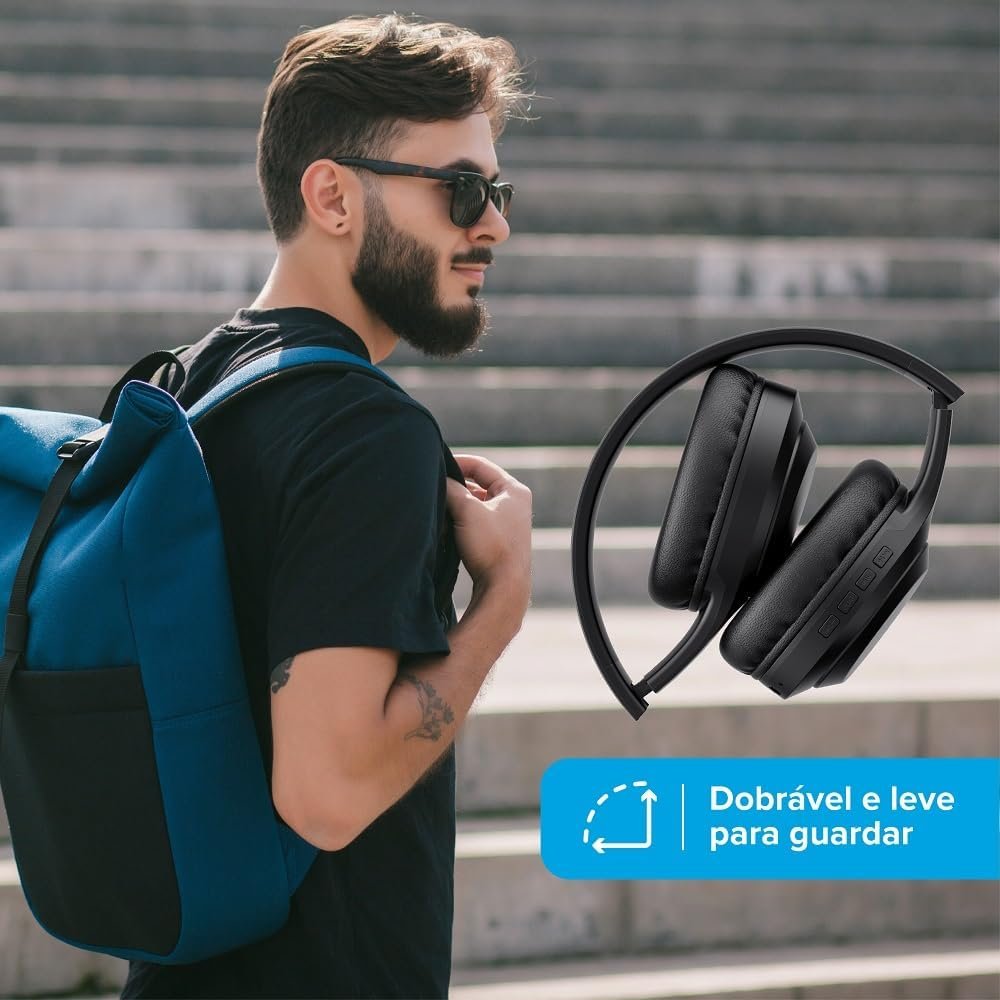 I2GO, Headphone Bass 300, Bluetooth, Microfone Integrado, Controle Multimídia, Até 10h de bateria, Tecnologia Dual Connect, Entrada cabo auxiliar P2 (incluso), Dobrável, Preto - Imagem 4