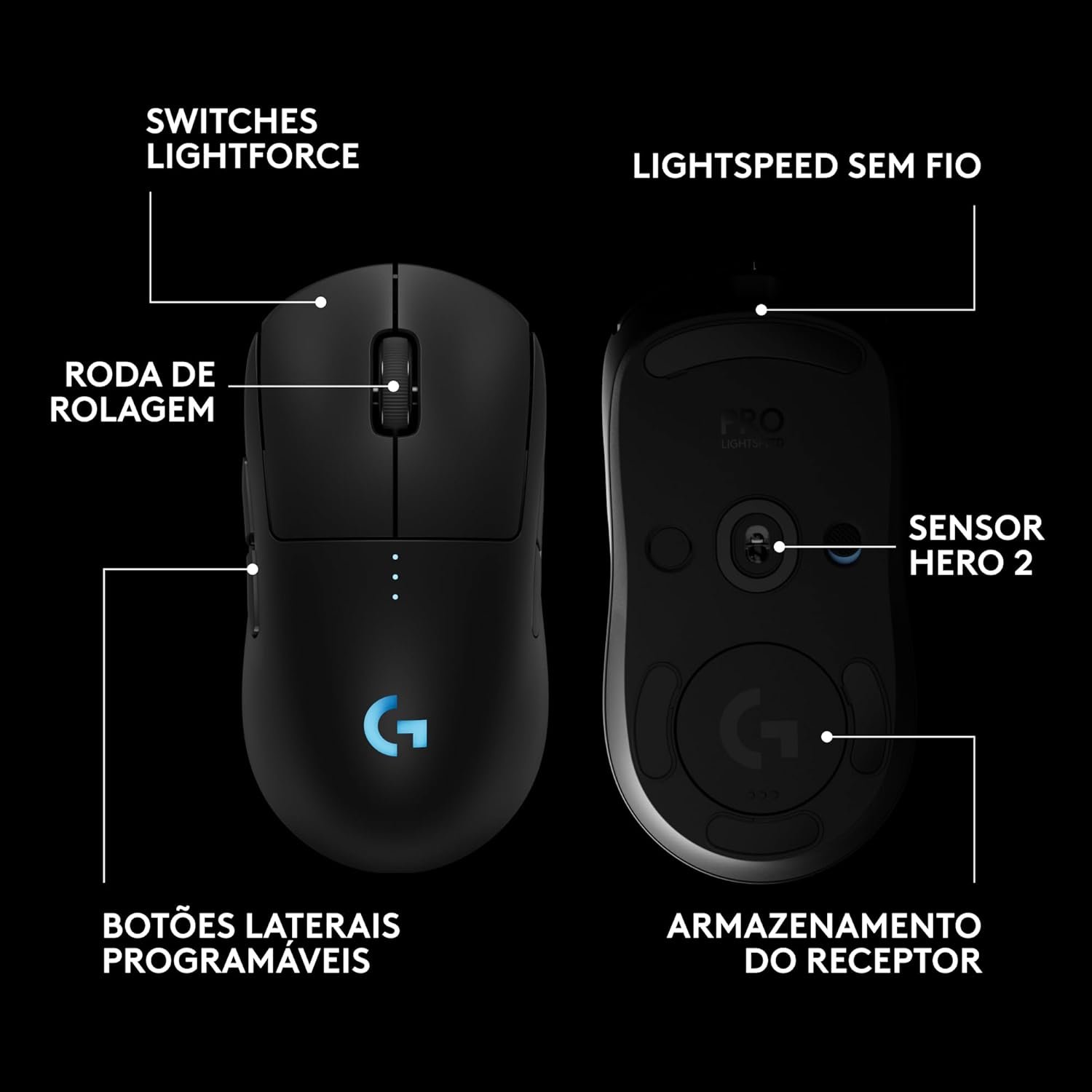 Mouse Gamer Sem Fio Logitech G PRO 2 LIGHTSPEED para Destros ou Canhotos, 4 Botões Programáveis e Removíveis, Sensor Hero 2 44K DPI, Carregamento USB-C, PC/Mac - Preto - Imagem 7