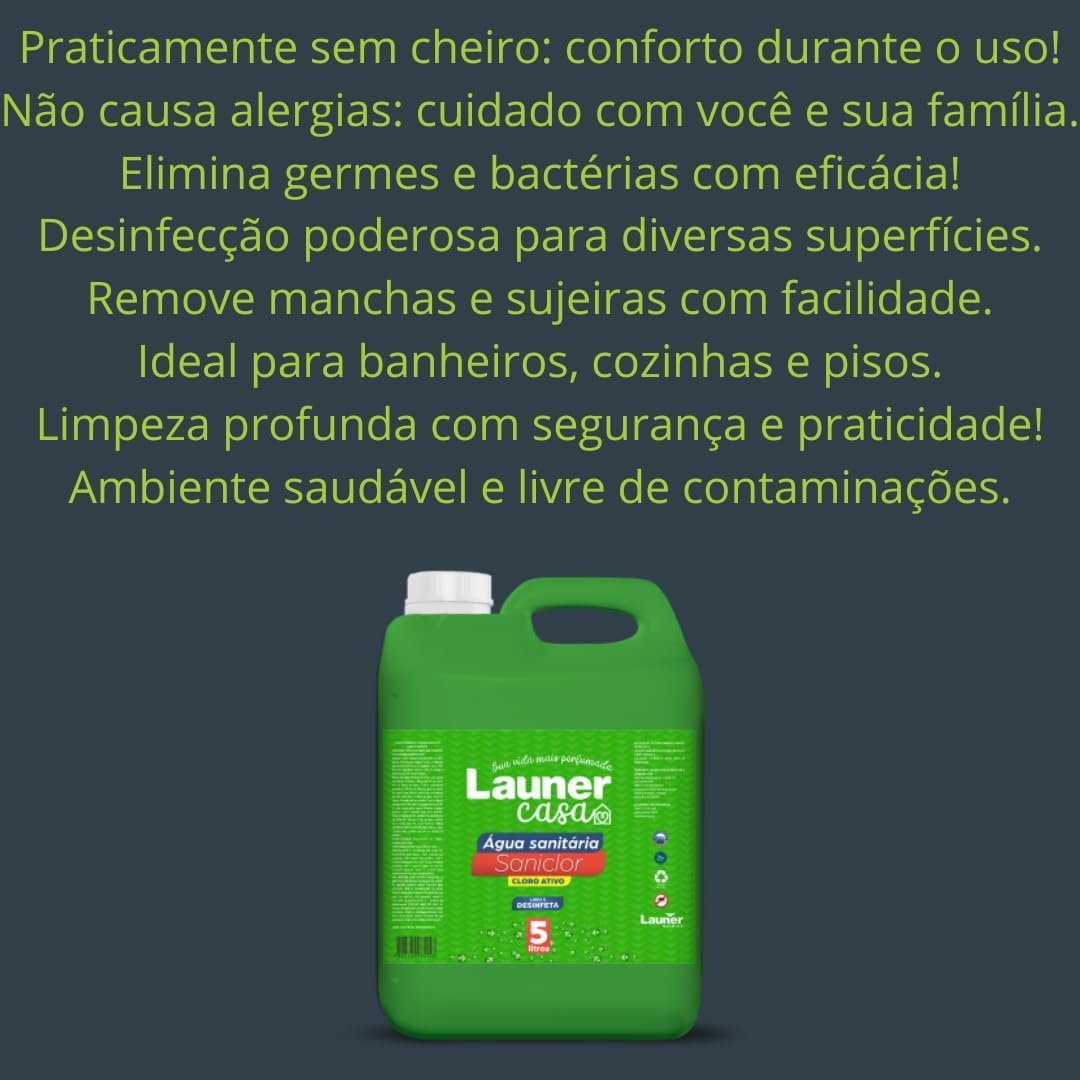 Água Sanitária – Baixo Odor, Desinfetante Multiuso, Limpeza Profunda e Eliminação de Germes e Bactérias -Launer Casa Saniclor 5L - Imagem 2