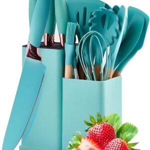 Conjunto de Utensílios de Cozinha 19 Peças em Silicone com Cabo de Madeira, Livre de BPA, Antiaderente e Resistente ao Calor (Verde)