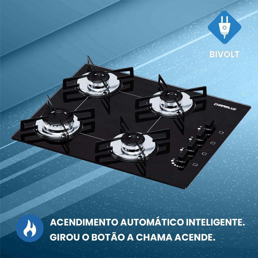 Cooktop 4 bocas Chamalux ultra chama Bivolt Trempe de Chapa Preto - Imagem 3