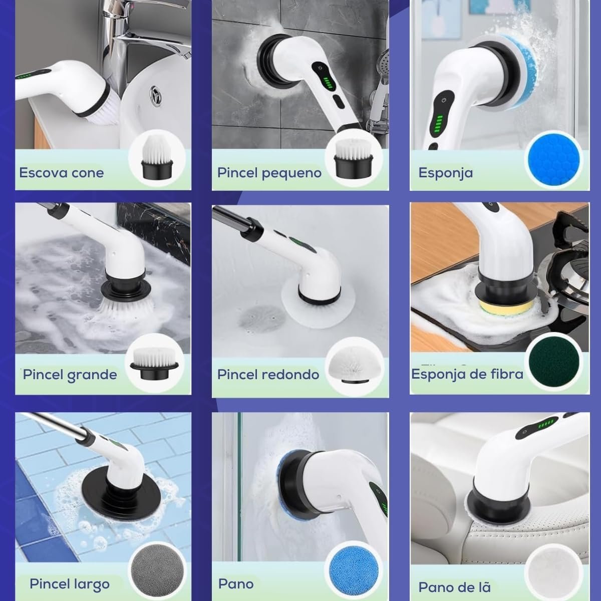 Esfregão de Limpeza Elétrico 9 em 1 com Cabeças Giratórias Ajustáveis - Escova Elétrica Recarregável Multiuso Bivolt com Cabo Extensor Sem Fio para Banheiro Cozinha Piso Azulejo Vidro - Imagem 6
