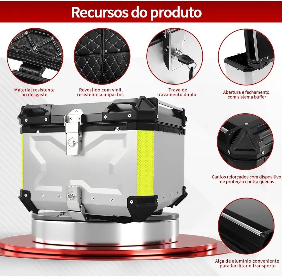 Bau moto de Alumínio de Alta Resistência - Baú Traseiro Universal 45 Litros com Alta Dureza, Impermeável e Antifurto, Capacidade para 2 Capacetes - Imagem 3