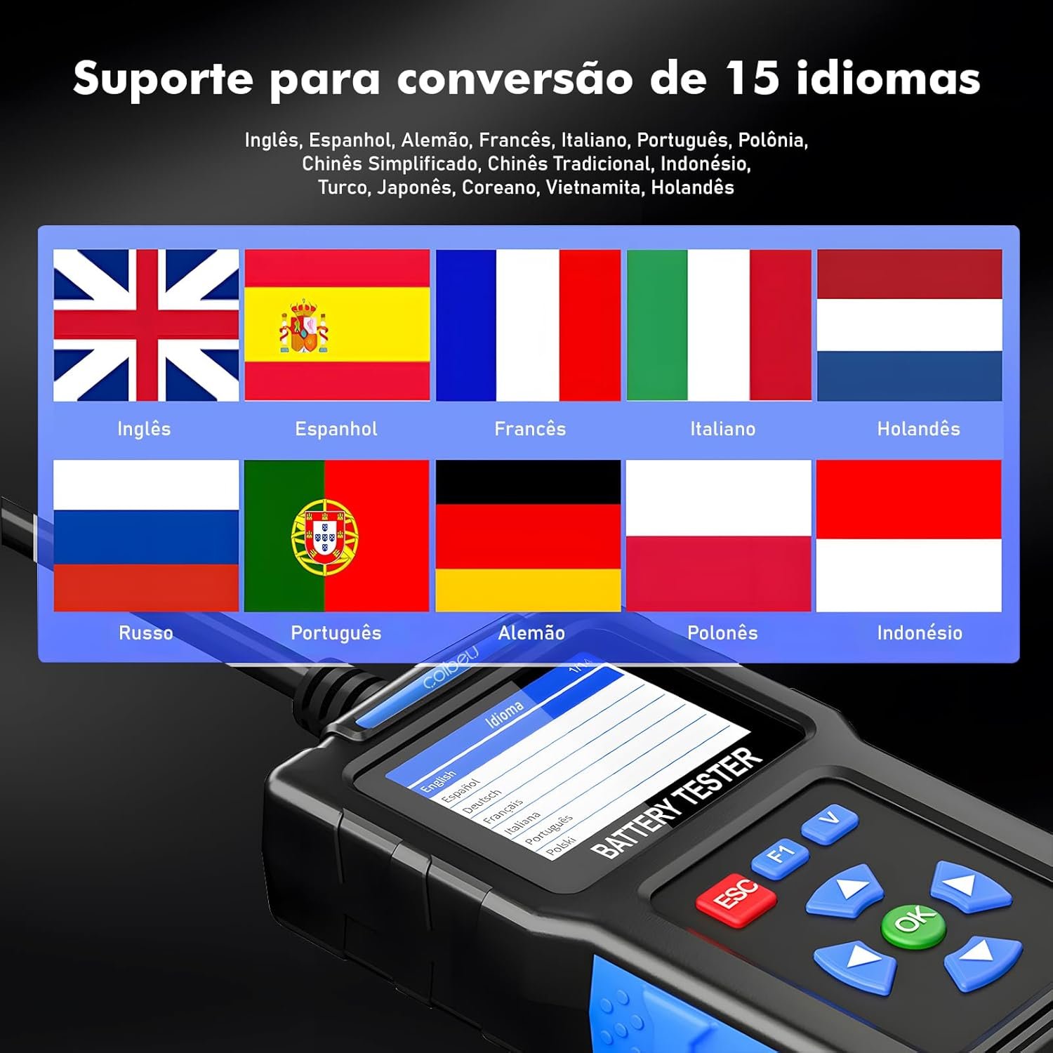 Testador de Bateria Automotiva 12V/24V com Medidor CCA – Tela 2,4", Teste de Partida e Alternador, compatível AGM/EFB/GEL, USB para atualização, Proteção de Polaridade Reversa, para carros, caminhões - Imagem 5