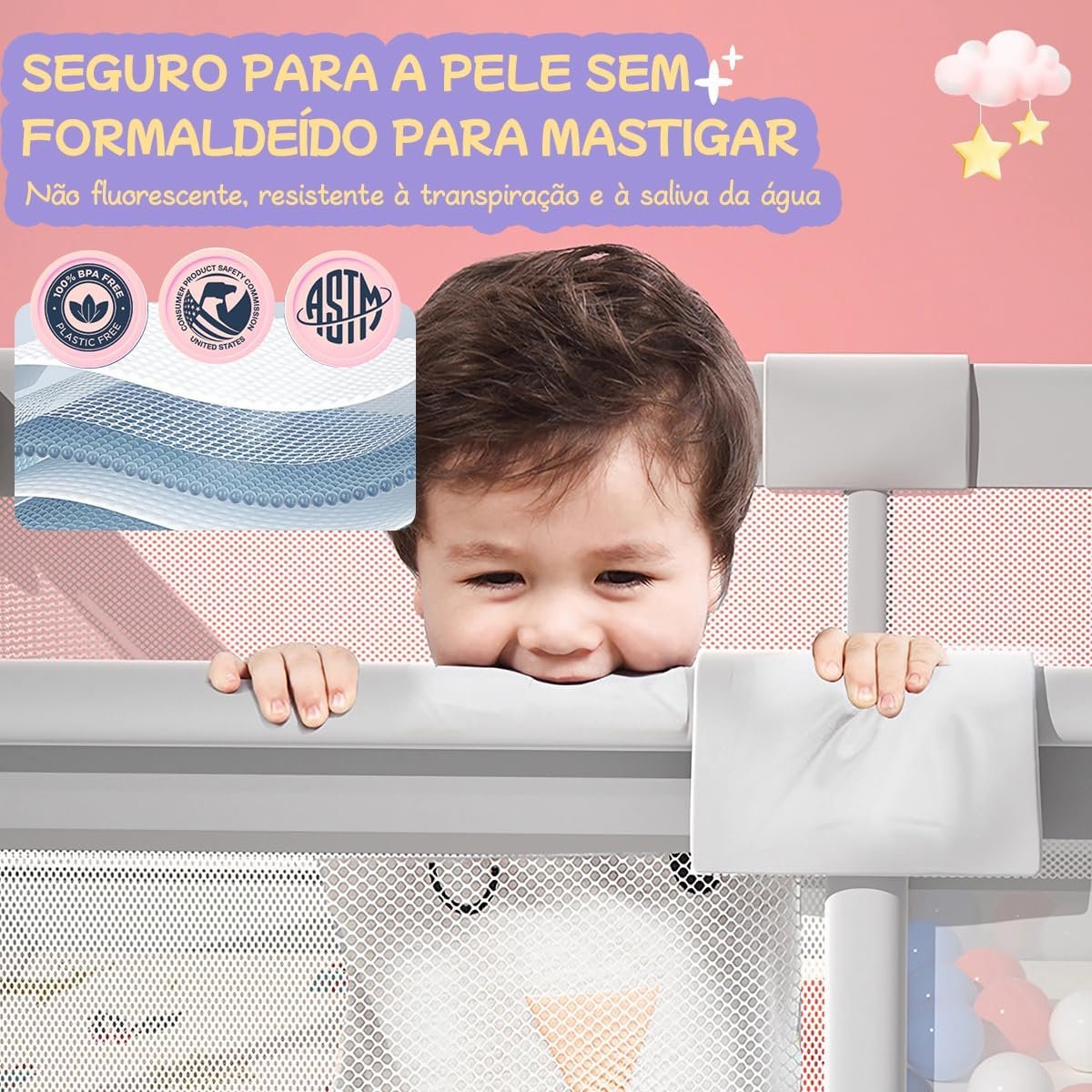 150×180×68cm Cercadinho para Bebe Para Bebês e Crianças Pequenas Chiqueirinho Bebe Para Internos & Externos Cercadinho de Segurança Resistente Para Bebês com Malha Macia e Respirável - Imagem 3