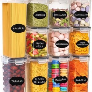 Kit Com 15 Potes Herméticos para Mantimentos, Alimentos, Marmita e Grãos, Plástico PP Transparente com Tampa Easy Lock, para Organização Armário de Cozinha e Casa, Certificado CE e FDA