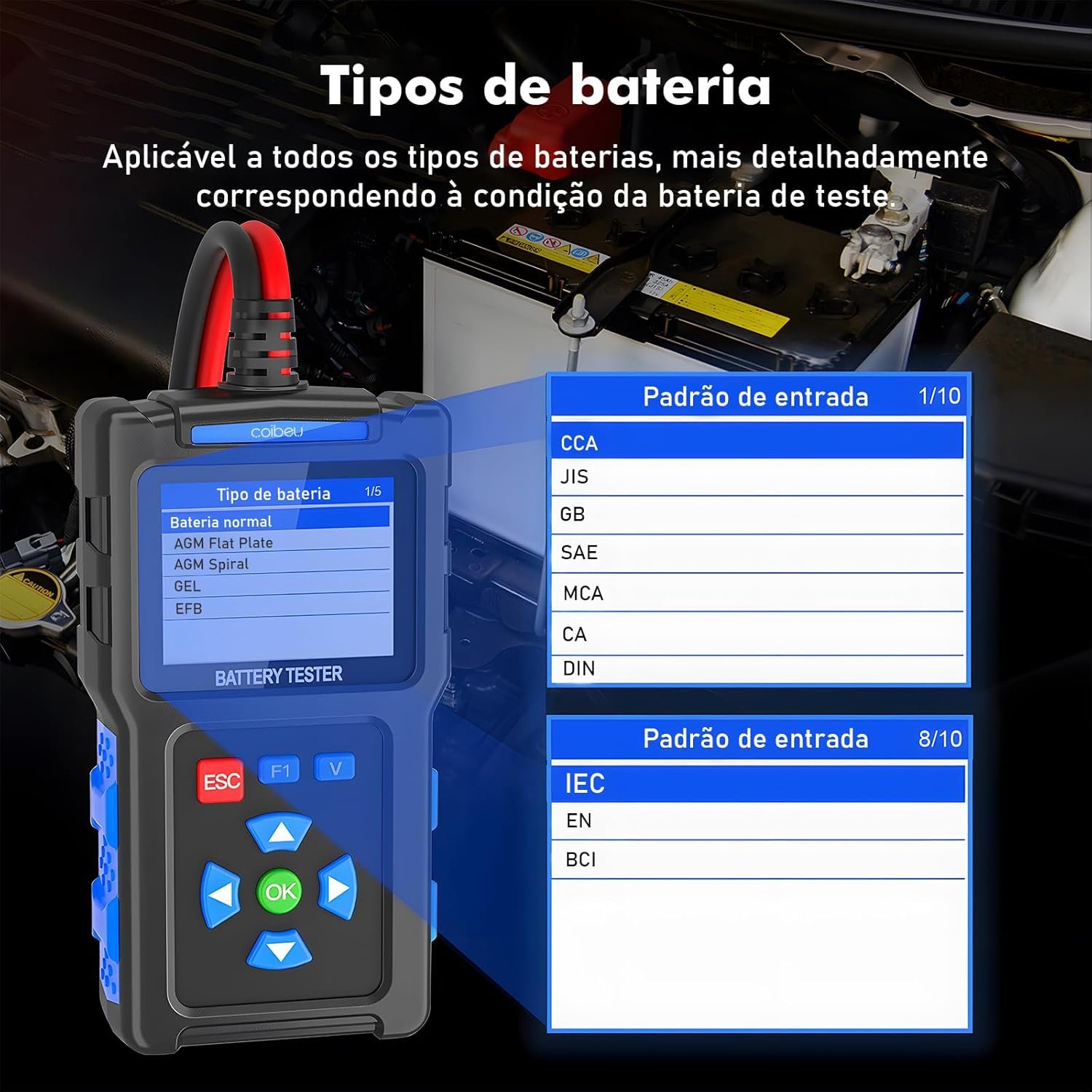 Testador de Bateria Automotiva 12V/24V com Medidor CCA – Tela 2,4", Teste de Partida e Alternador, compatível AGM/EFB/GEL, USB para atualização, Proteção de Polaridade Reversa, para carros, caminhões - Imagem 9