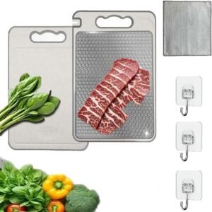 Tábua de corte de dupla face de aço inoxidável 304 e palha de trigo, manuseia carne e legumes separadamente, pode ser lavada na máquina de lavar louça, Inclui Três Ganchos e Um Pano