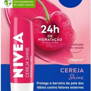 NIVEA Hidratante Labial Cereja Shine 4,8g – Cuidado e proteção para seus lábios por 24h, além de delicioso aroma de cereja e delicado brilho rosa
