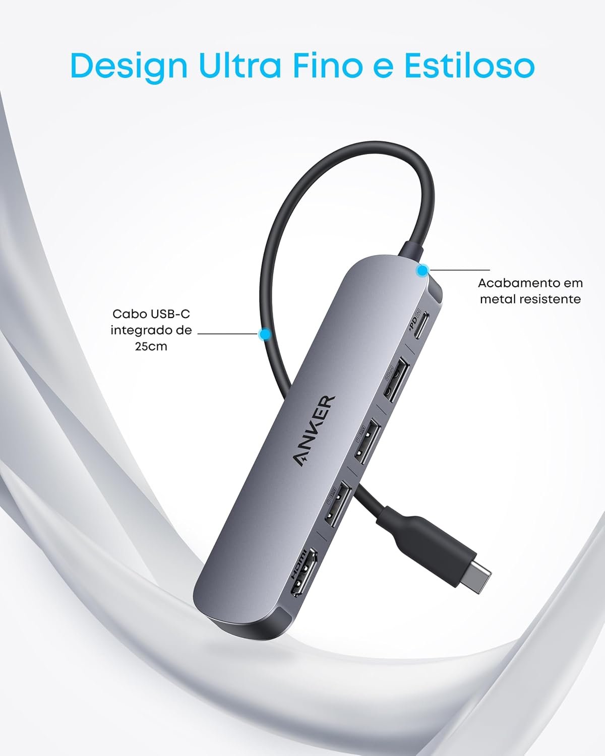 Anker Hub USB-C(5 em 1), HDMI 4K@30Hz com Entrega de Energia Máxima de 100W, Portas de Dados USB-C e USB-A, Compacto e Estiloso para MacBook, Dell XPS e mais (Carregador Não Incluído) - Imagem 6