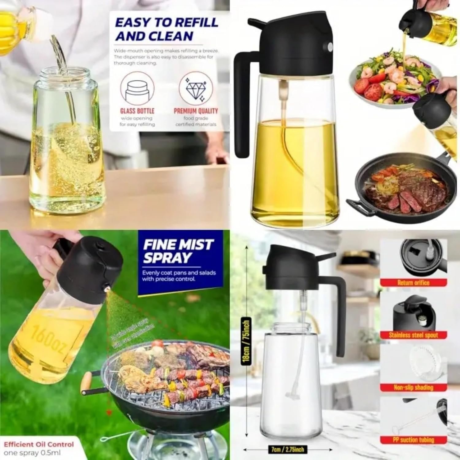 Pulverizador e dispensador de azeite de oliva 2 em 1, garrafa de óleo de cozinha de 473 ml com despejador e mister, frasco de spray de azeite recarregável para cozinhar, fritadeira a ar, churrasco - Imagem 6