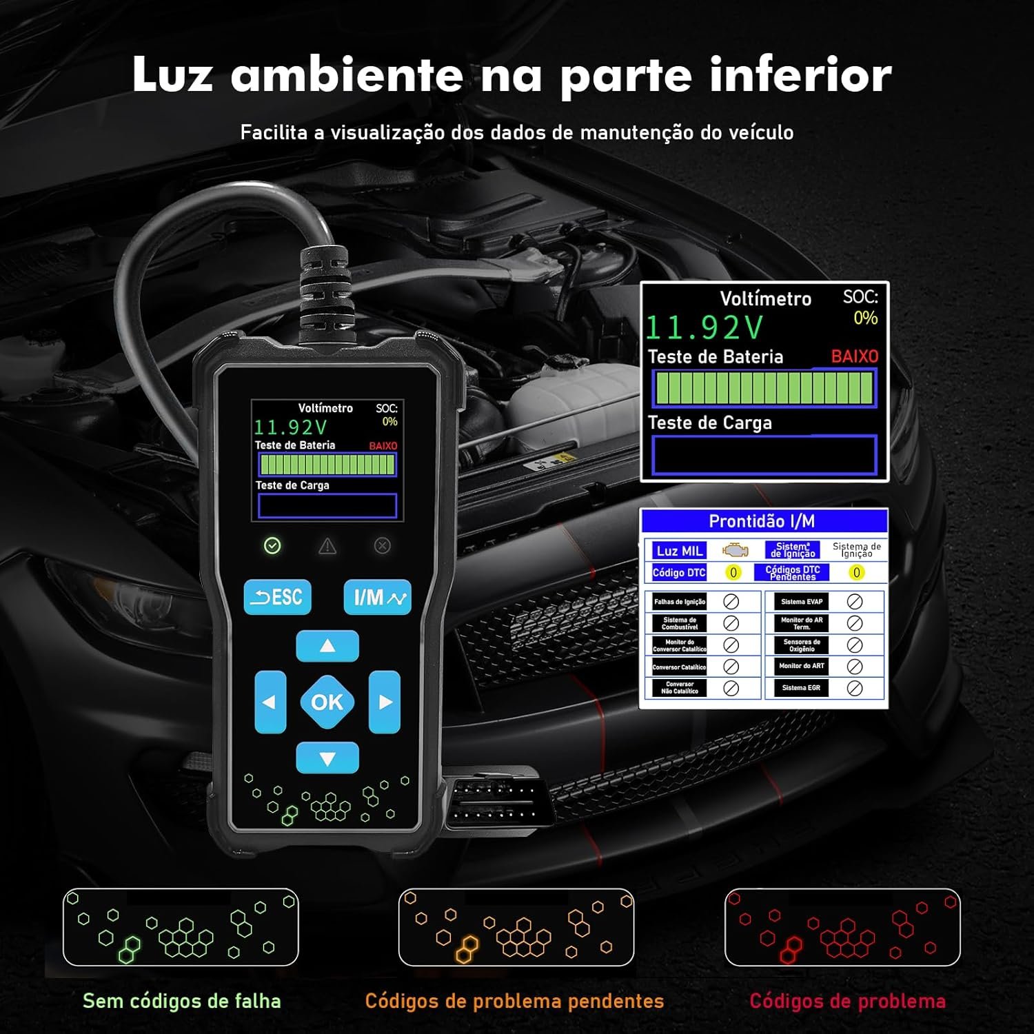 Scanner Automotivo OBD2 Portátil com Tela, Leitura/Apagamento de Códigos, Dados em Tempo Real, Teste I/M, EVAP e O2, Relatório de Diagnóstico — 12 V, para Carros com Conector OBDII (16 pinos) - Imagem 3
