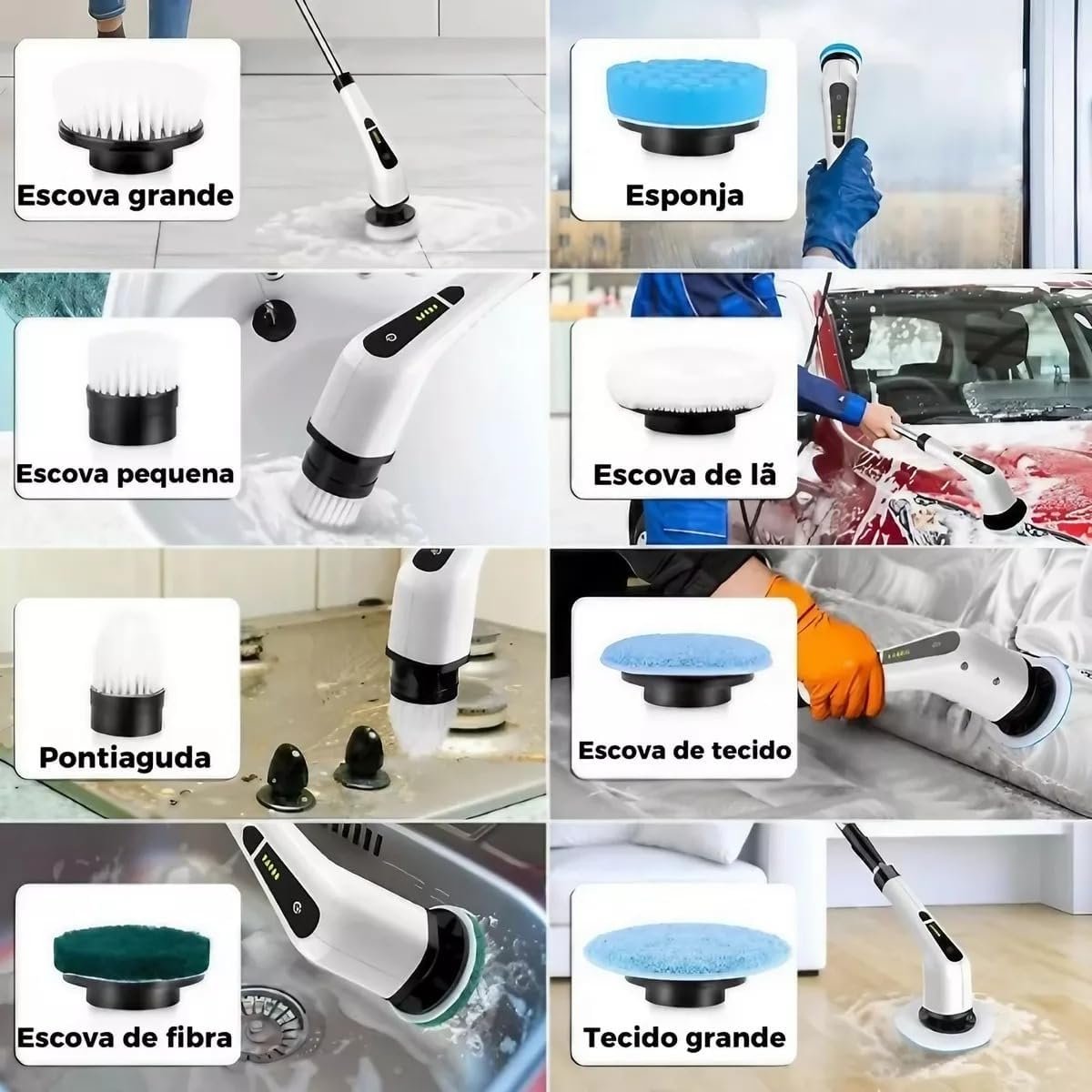 Esfregão Elétrico Giratório 9 em 1, Escova Elétrica, Cabo Ajustável, Escova Multiuso para Limpeza de Banheiros, Pisos e Azulejos, 9 Cabeças de Escova Intercambiáveis - Premium - Imagem 3