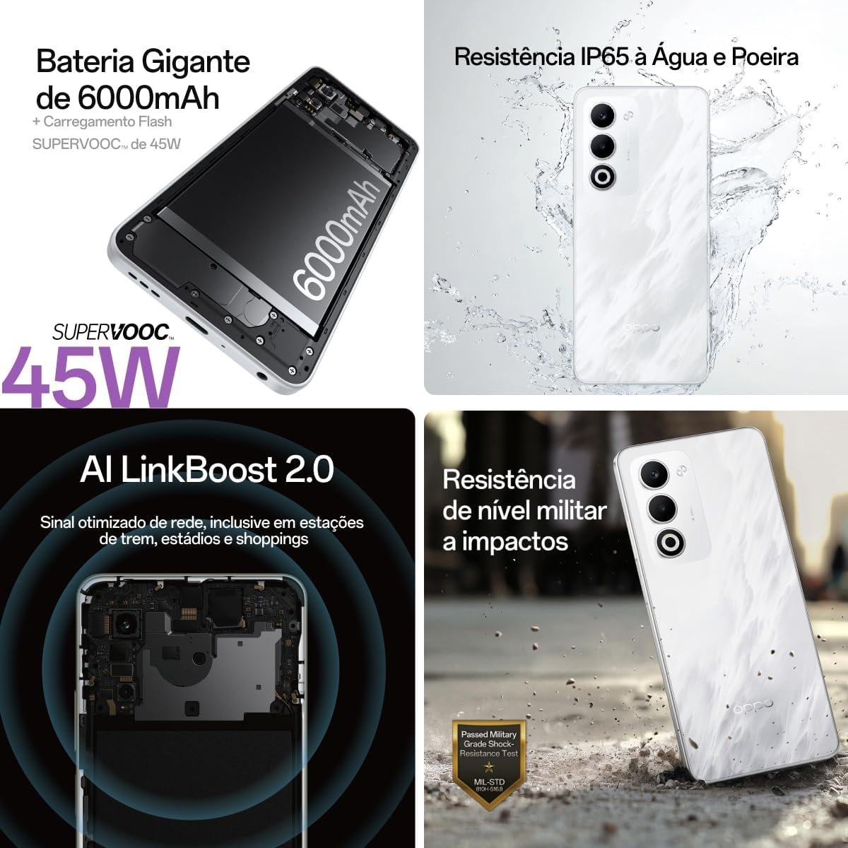 Smartphone OPPO A5 256GB 6GB RAM Bateria 6000mAh 45W 50MP AI Câmera BRANCO - Imagem 2