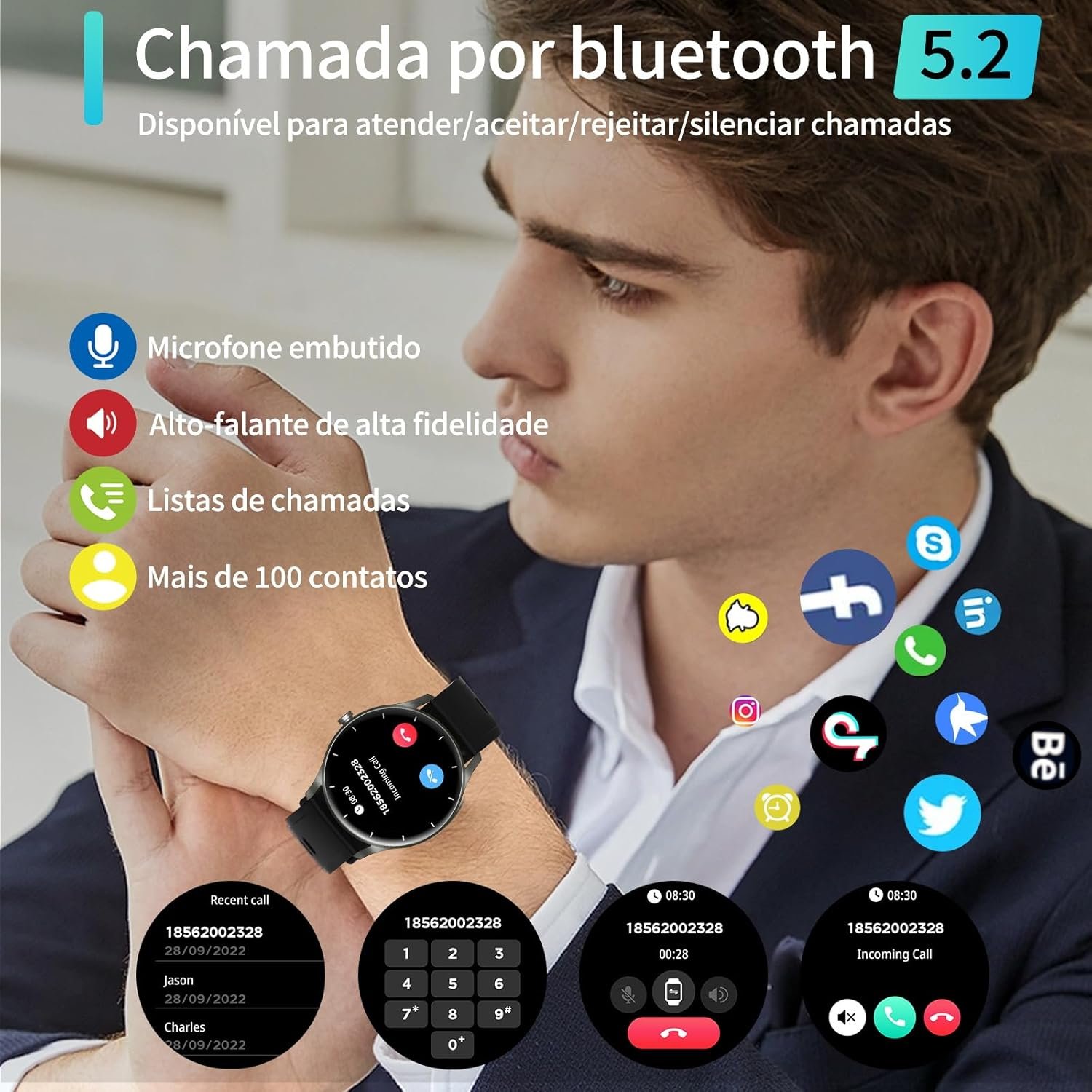 Smartwatch PEJE Relógio Smartwatch com Pulseira Extra - Tela Touch HD 1.28",À Prova d'Água IP68,Faz Chamadas Bluetooth,123+ Modos Esportivos,Bateria de 5-7 Dias,Compatível com iOS/Android.(Preto) - Imagem 4