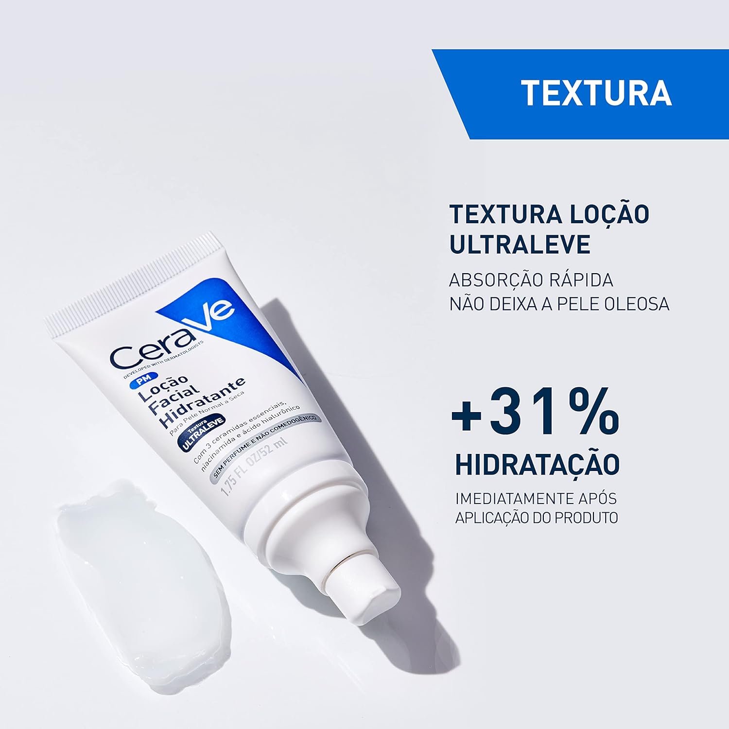 CeraVe Loção Facial Hidratante PM, Textura Ultraleve, Hidratação Suave e Rápida Absorção, com Ceramidas Essenciais e Ácido Hialurônico, Sem Perfume e Hipoalergênica, 52ml - Imagem 4