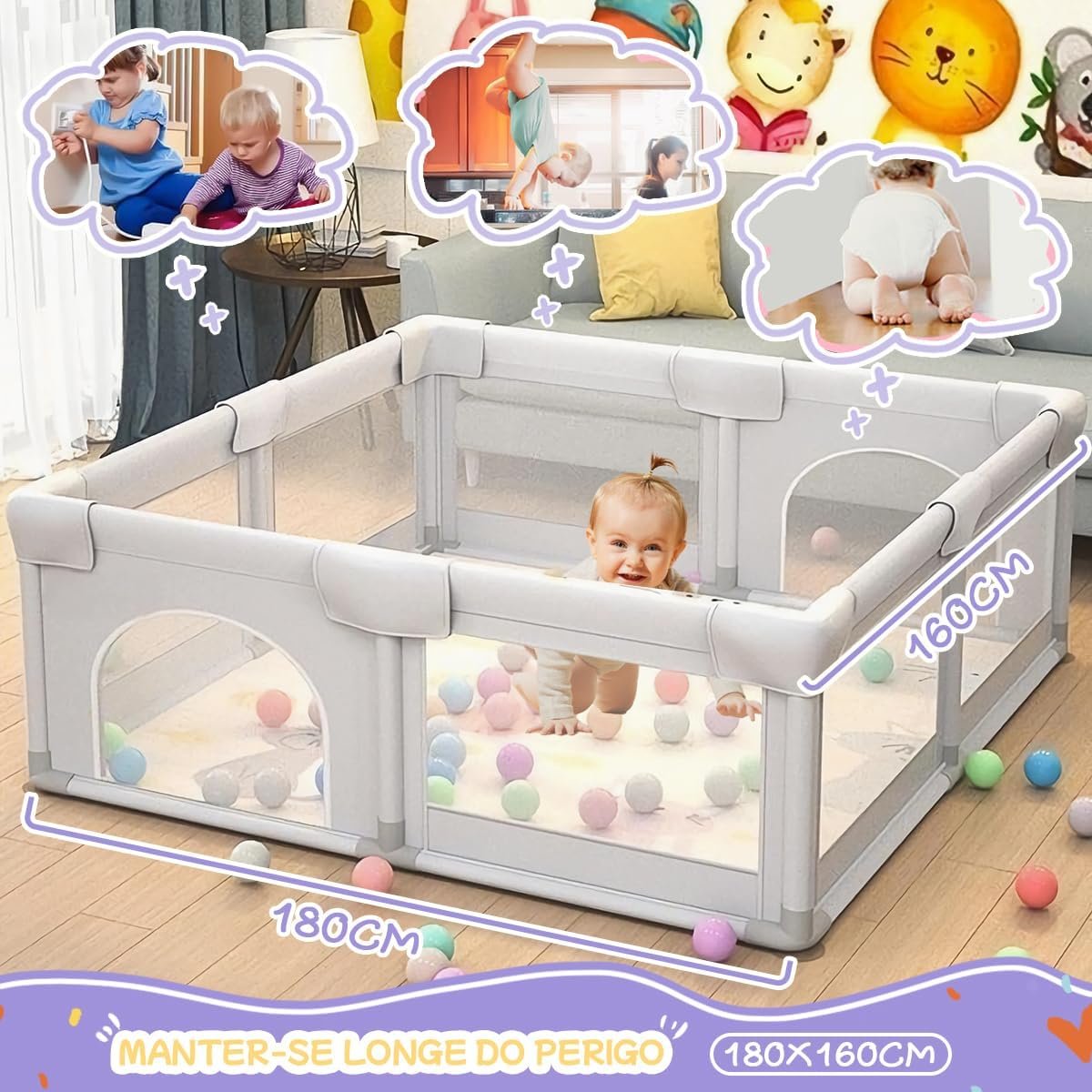 150×180×68cm Cercadinho para Bebe Para Bebês e Crianças Pequenas Chiqueirinho Bebe Para Internos & Externos Cercadinho de Segurança Resistente Para Bebês com Malha Macia e Respirável - Imagem 6