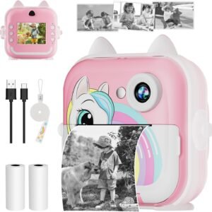 Câmera Fotográfica Infantil, Câmera Digital Infantil que Imprime 20MP 1080P, Tela 2,4″, Zoom 6X, Impressão Térmica 200 dpi, Vídeo, Time Lapse, Jogos, Portátil com Papel de Impressão – Rosa