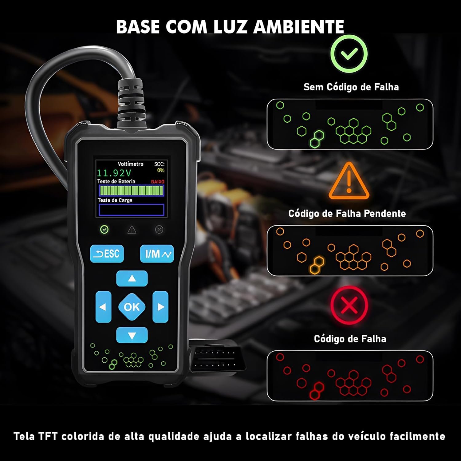 Scanner Automotivo OBD2 Portátil com Tela, Leitura/Apagamento de Códigos, Dados em Tempo Real, Teste I/M, EVAP e O2, Relatório de Diagnóstico — 12 V, para Carros com Conector OBDII (16 pinos) - Imagem 6
