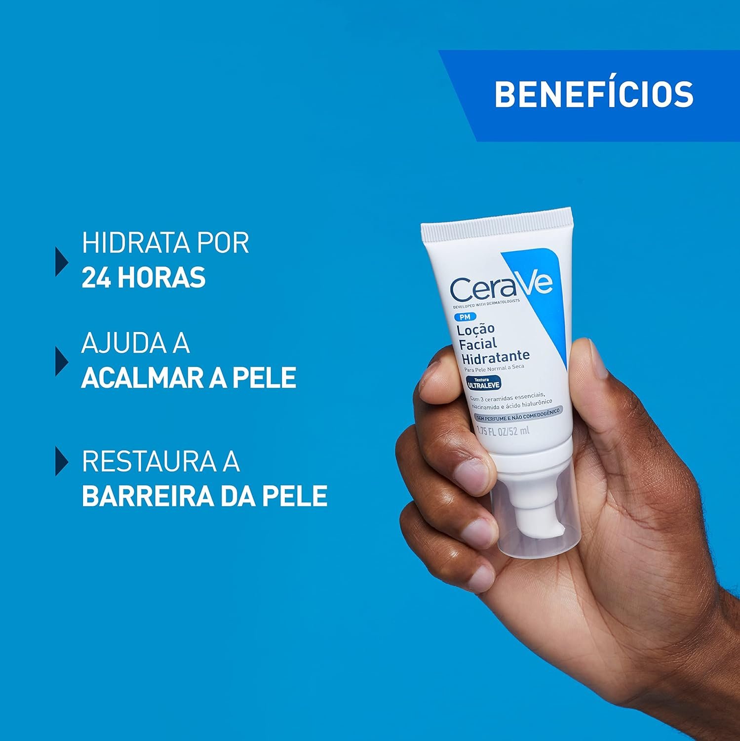 CeraVe Loção Facial Hidratante PM, Textura Ultraleve, Hidratação Suave e Rápida Absorção, com Ceramidas Essenciais e Ácido Hialurônico, Sem Perfume e Hipoalergênica, 52ml - Imagem 5