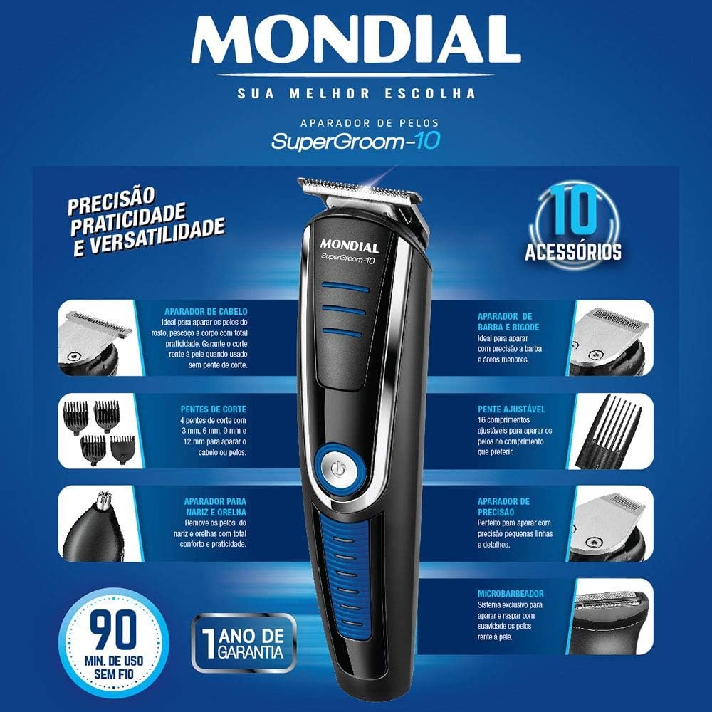 Aparador de Pelos Super Groom 10, Mondial, Preto/Azul, 6W, Bivolt - BG-03 - Imagem 12