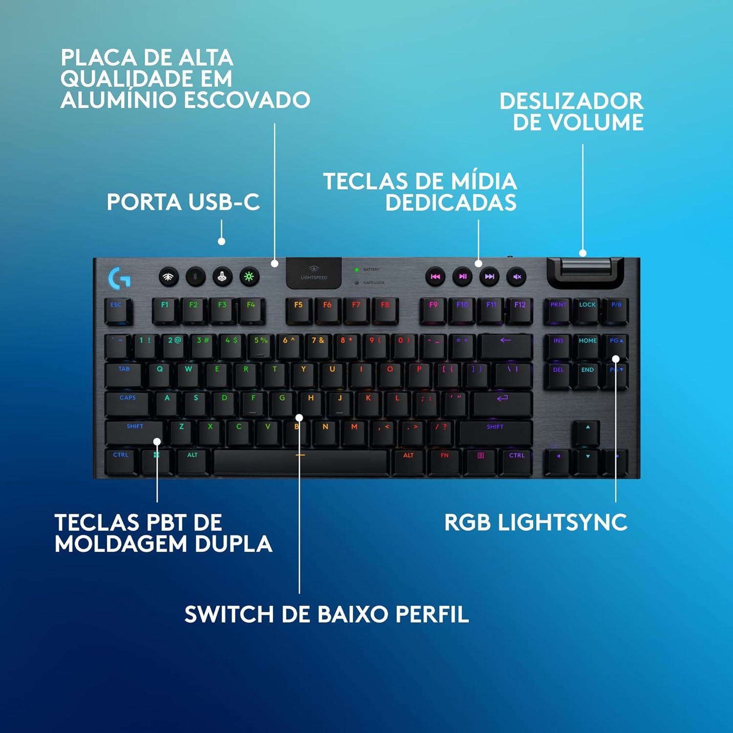 Teclado Mecânico Gamer Sem Fio Logitech G915 X LIGHTSPEED com Design TKL,RGB LIGHTSYNC, USB ou Bluetooth, Teclas Programáveis, Switch de Perfil Baixo GL Tactile e Bateria Recarregável - Preto - Imagem 6