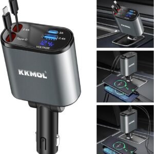 KKMOL Carregador retrátil para carro, 4 em 1, rápido de 100 W, com 2 cabos e tela de tensão de porta tipo C, compatível com iPhone 15Pro Max/14/13/12/11, Galaxy S23/S22 KKMOL Carregador retrátil para carro, 4 em 1, rápido de 100 W, com 2 cabos e tela de tensão de porta tipo C, compatível com iPhone 15Pro Max/14/13/12/11, Galaxy S23/S22