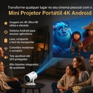Mini Projetor Portátil 5G Wi-Fi 6 Bluetooth 5.0 Android 11 4K 1080P Full HD 8000 Lumens LED Auto Correção Trapezoidal Horizontal Rotação 180° Ideal para Projeções Cinemáticas Mini Projetor Portátil 5G Wi-Fi 6 Bluetooth 5.0 Android 11 4K 1080P Full HD 8000 Lumens LED Auto Correção Trapezoidal Horizontal Rotação 180° Ideal para Projeções Cinemáticas