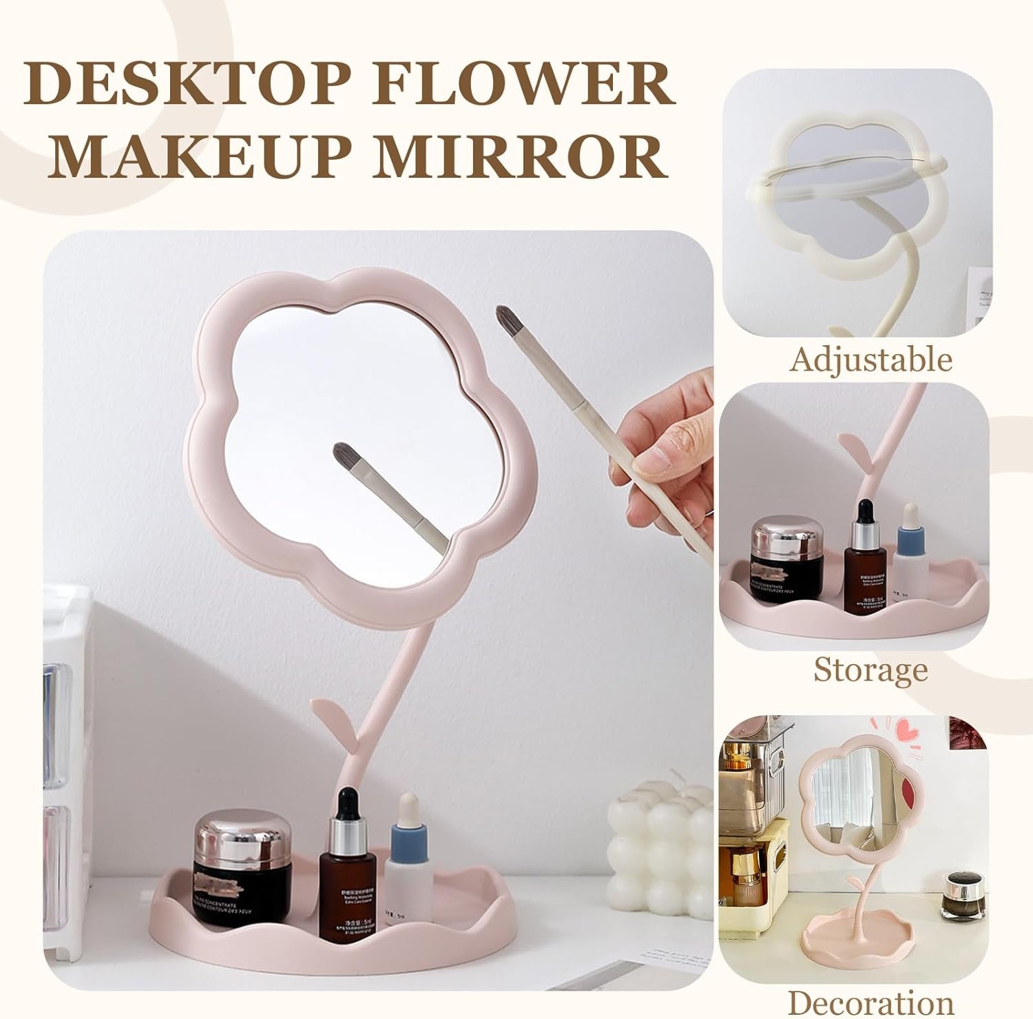 1 espelho de maquiagem pequeno em forma de flor com armazenamento para mesa ou penteadeira, espelho decorativo de design de girassol fofo HD, rosa - Imagem 2