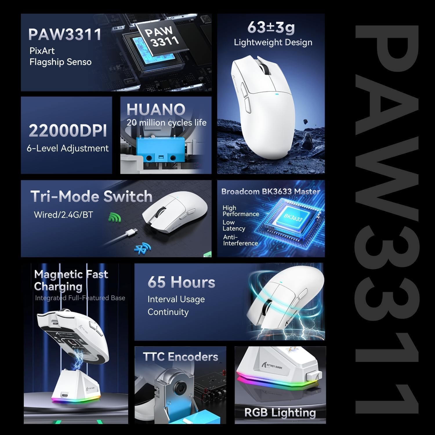 ATTACK SHARK X11 Mouse para jogos com dock de carregamento magnético, sensor para jogos PixArt PAW3311, para sem fio/com fio BT/2.4G, 22000 DPI, mouses de escritório para jogos para Win11/Xbox(branco) - Imagem 3