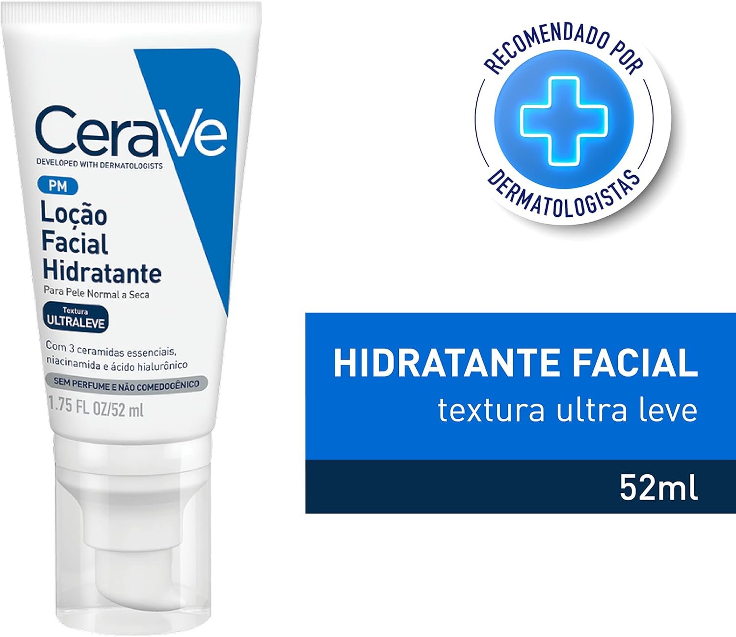 CeraVe Loção Facial Hidratante PM, Textura Ultraleve, Hidratação Suave e Rápida Absorção, com Ceramidas Essenciais e Ácido Hialurônico, Sem Perfume e Hipoalergênica, 52ml - Imagem 2