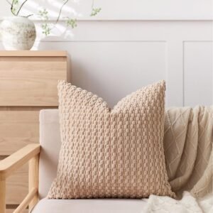 Capas de almofada decorativas de veludo cotelê bege 40,6 x 40,6 cm, pacote com 1 capa de almofada quadrada macia Boho para sofá, sala de estar, cama, fazenda, decoração de casa