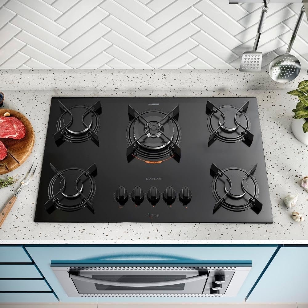 Cooktop 5 Bocas Preto com Mesa de Vidro e Tripla Chama Atlas U Top Bivolt - Imagem 4