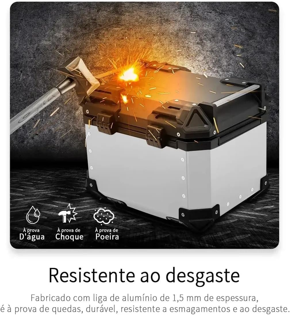 Bau moto de Alumínio de Alta Resistência - Baú Traseiro Universal 45 Litros com Alta Dureza, Impermeável e Antifurto, Capacidade para 2 Capacetes - Imagem 2