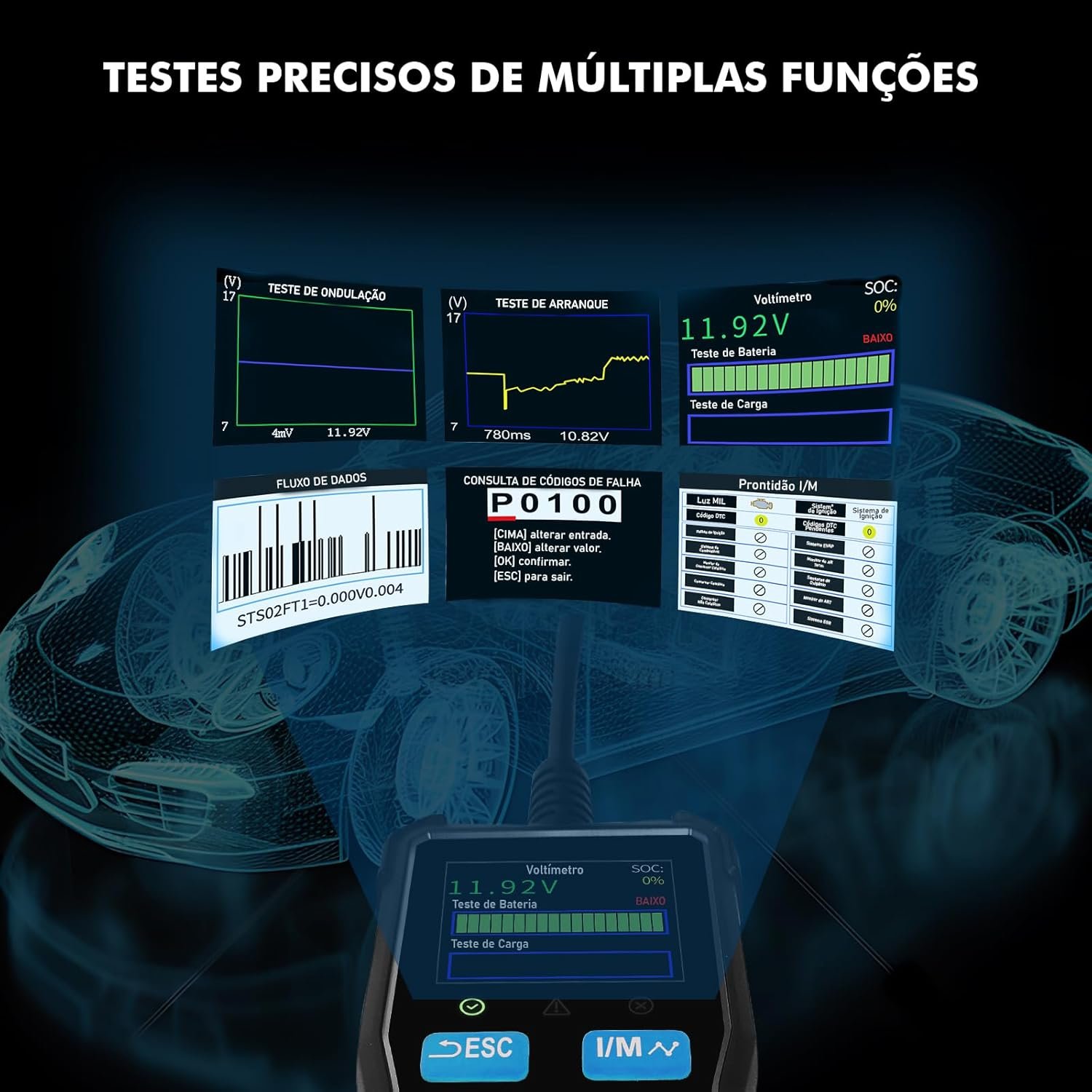 Scanner Automotivo OBD2 Portátil com Tela, Leitura/Apagamento de Códigos, Dados em Tempo Real, Teste I/M, EVAP e O2, Relatório de Diagnóstico — 12 V, para Carros com Conector OBDII (16 pinos) - Imagem 5