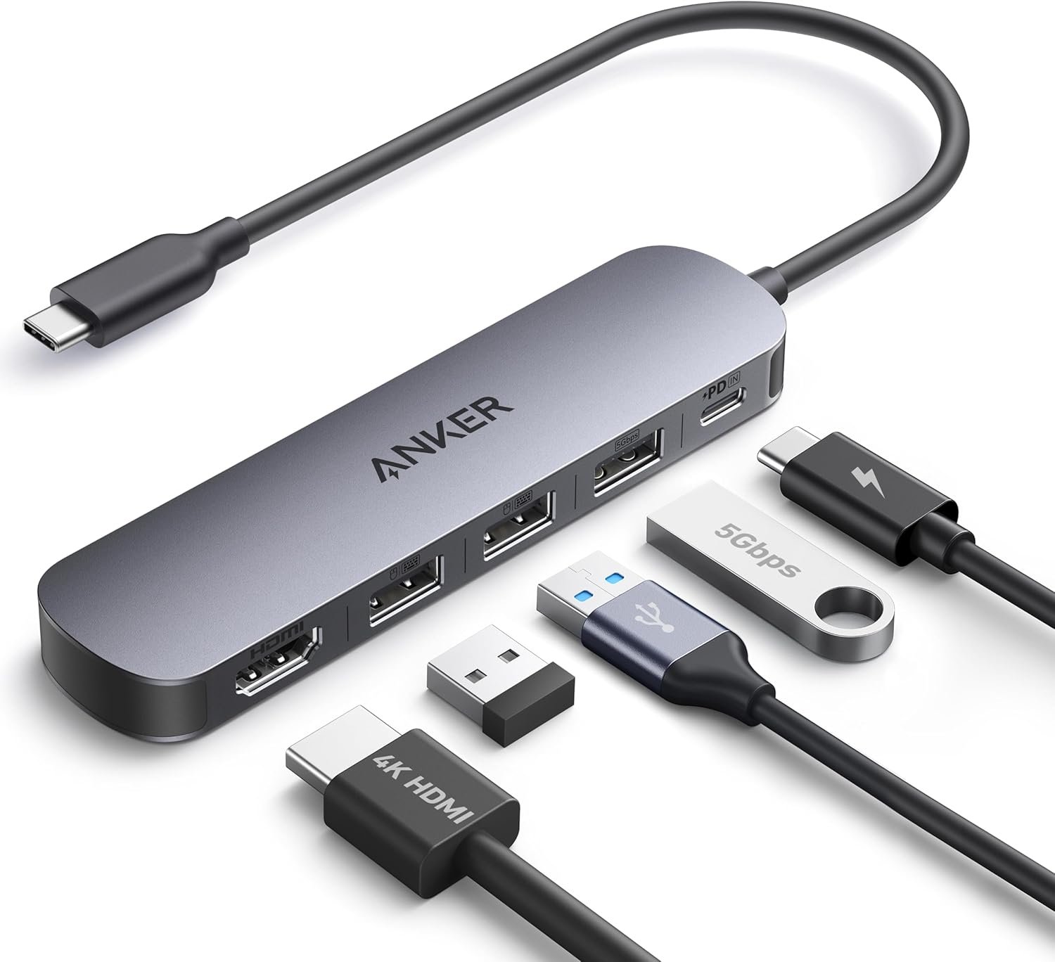 Anker Hub USB-C(5 em 1), HDMI 4K@30Hz com Entrega de Energia Máxima de 100W, Portas de Dados USB-C e USB-A, Compacto e Estiloso para MacBook, Dell XPS e mais (Carregador Não Incluído)