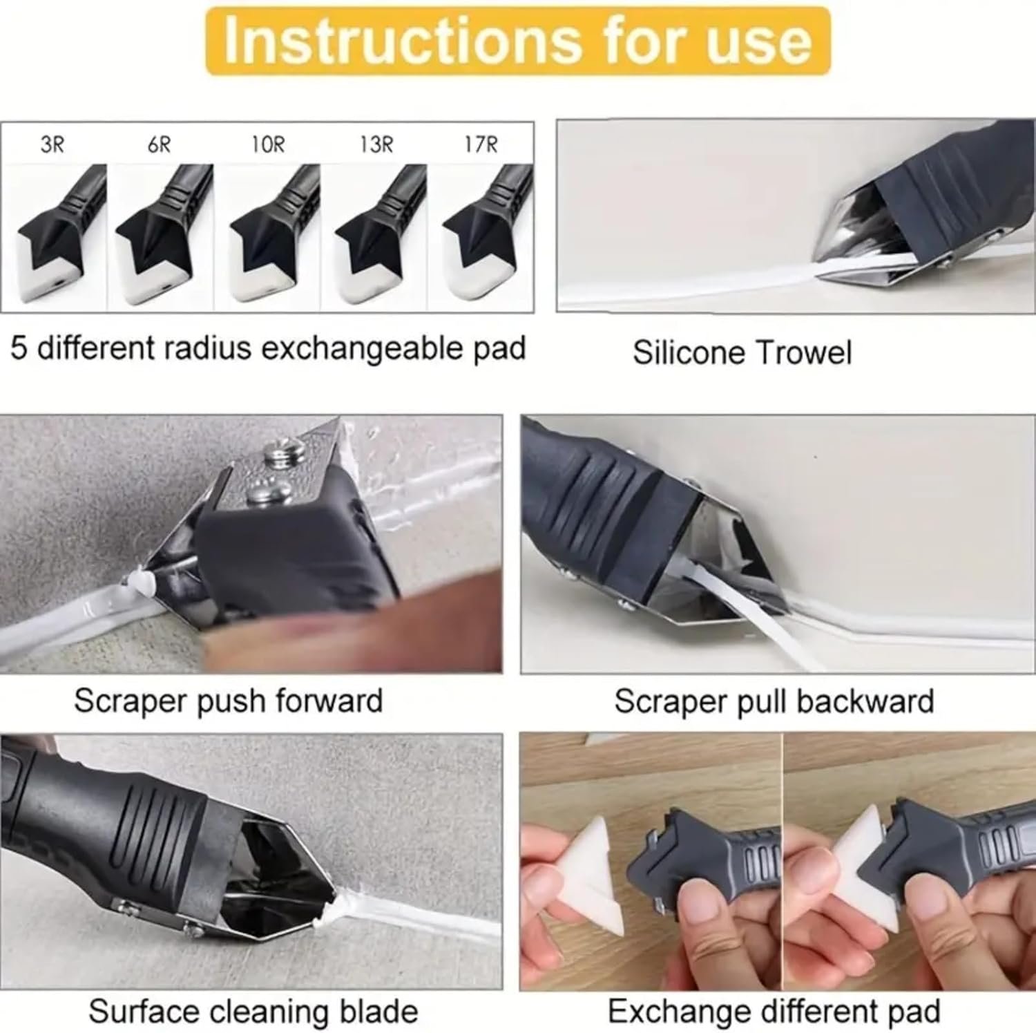 1 conjunto de ferramentas de rejuntamento de silicone 3 em 1 com cabeça de aço inoxidável, lâmina de raspagem de limpador de selante e 5 almofadas substituíveis para placas coladas - Imagem 5