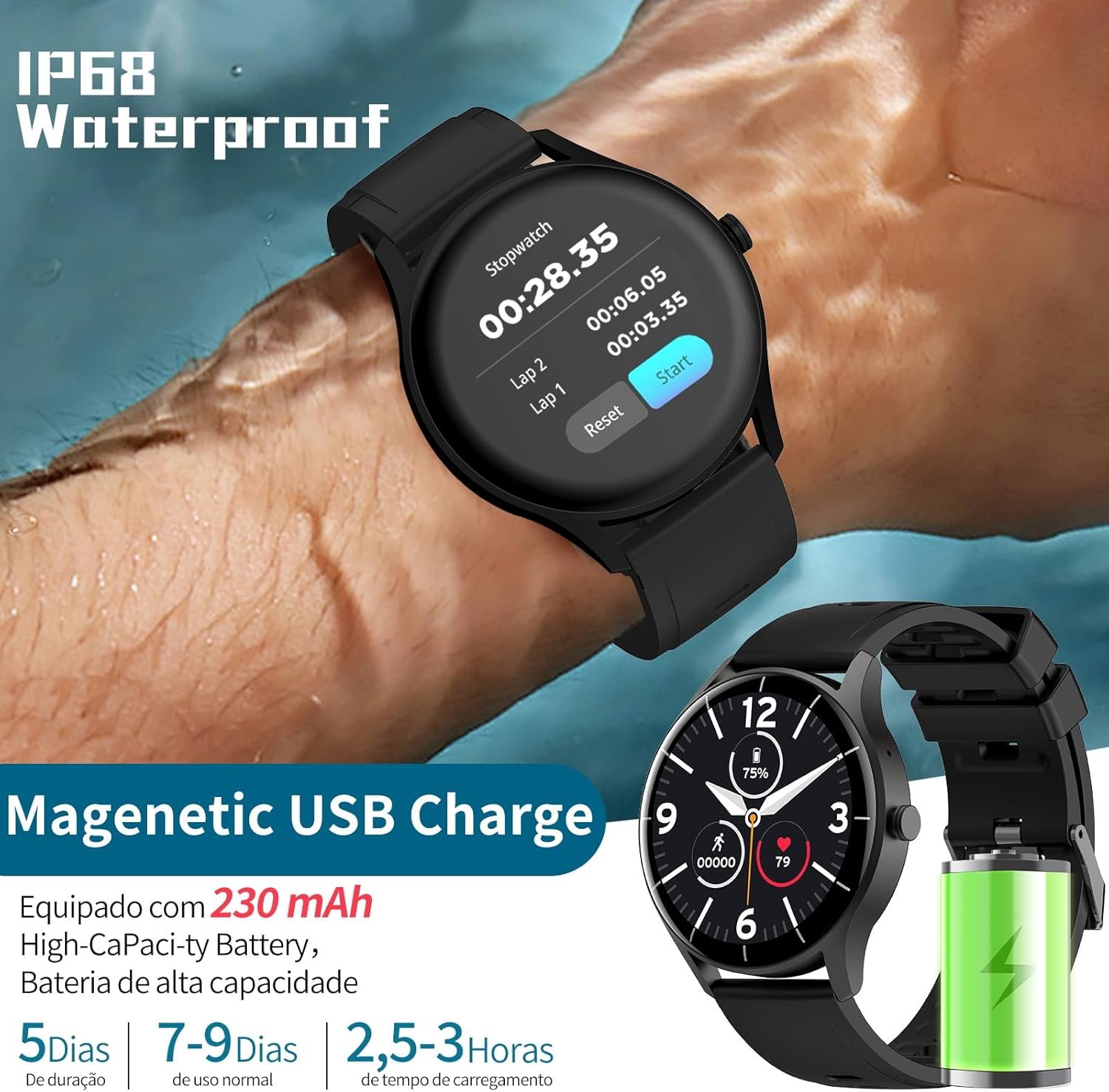 Smartwatch PEJE Relógio Smartwatch com Pulseira Extra - Tela Touch HD 1.28",À Prova d'Água IP68,Faz Chamadas Bluetooth,123+ Modos Esportivos,Bateria de 5-7 Dias,Compatível com iOS/Android.(Preto) - Imagem 2