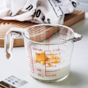 Copo medidor de vidro, copos medidores de líquido de vidro temperado, máquina de lavar louça, freezer, micro-ondas e forno pré-aquecido, utensílios essenciais de cozinha (350 ml)