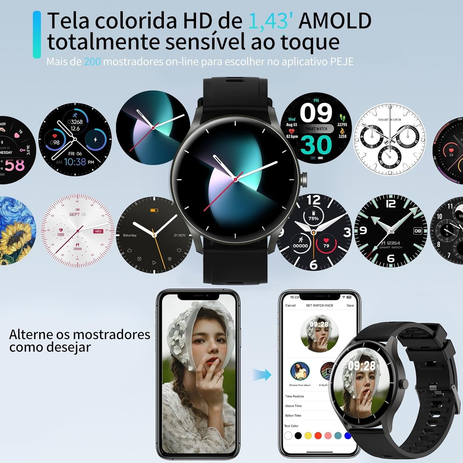 Smartwatch PEJE Relógio Smartwatch com Pulseira Extra - Tela Touch HD 1.28",À Prova d'Água IP68,Faz Chamadas Bluetooth,123+ Modos Esportivos,Bateria de 5-7 Dias,Compatível com iOS/Android.(Preto) - Imagem 8