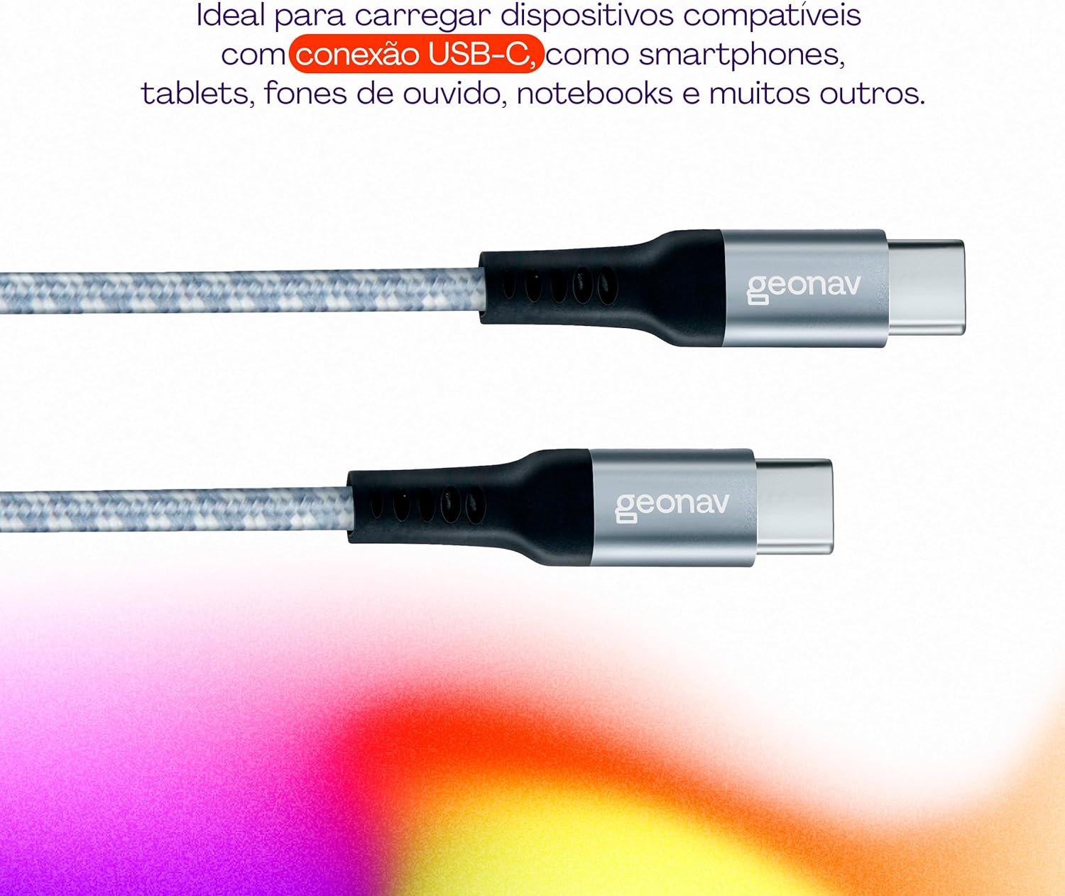 Geonav Cabo USB-C (tipo C) para USB-C (tipo C), 1,5 metros, nylon trançado, UCC04, Cinza/Branco - Imagem 3