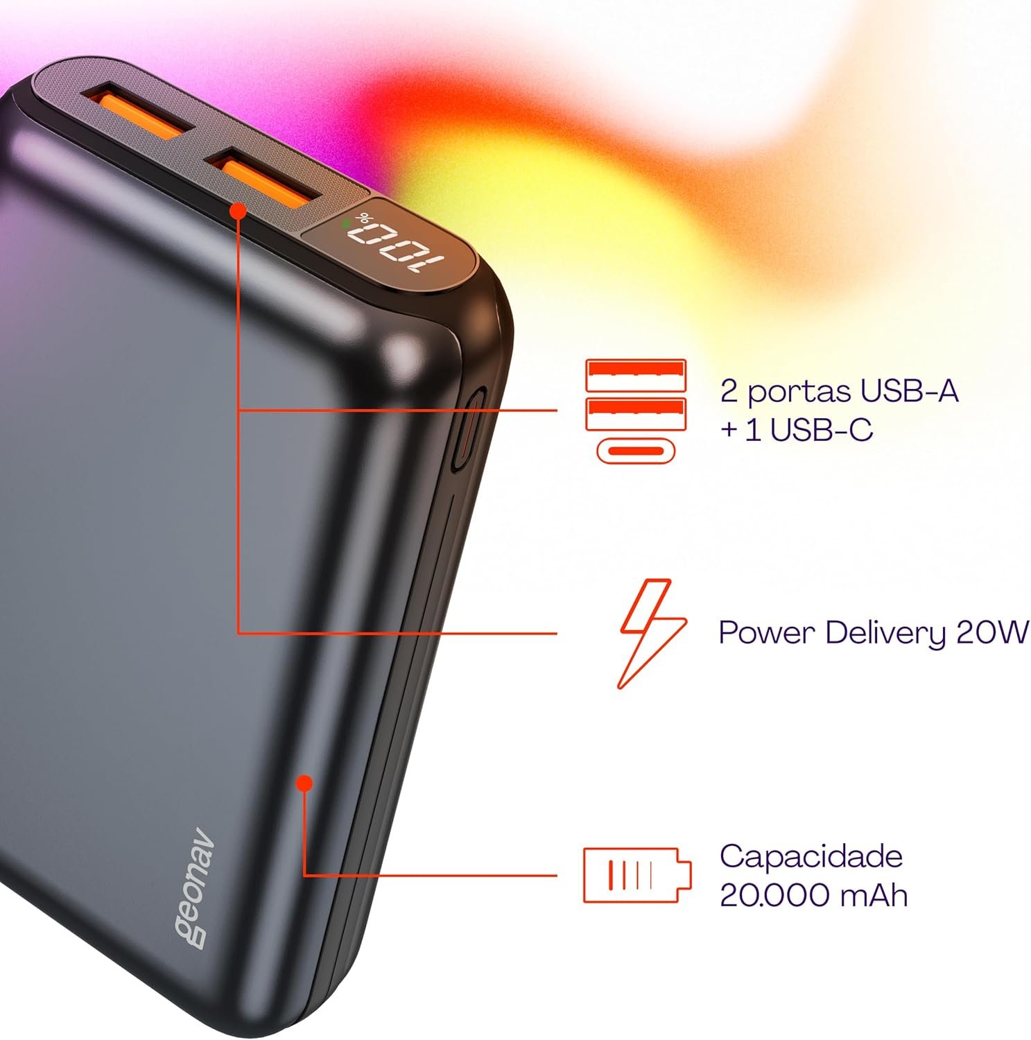 Geonav Power Bank, Carregador Portátil Universal 20.000mAh, USB-A (até 18W) + USB-C (até 20W), Compacto, Carregamento Rápido, Pass Through, Led Indicador de Bateria, PB20K20WSG, Cinza espacial - Imagem 2